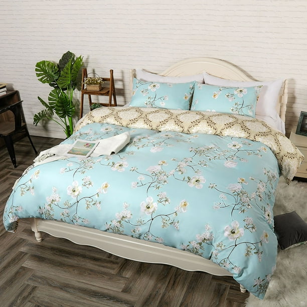 Spring Bloom Pattern Queen Bedding Set Duvet Cover Sets (No Duvet) Lightweight Green Modern