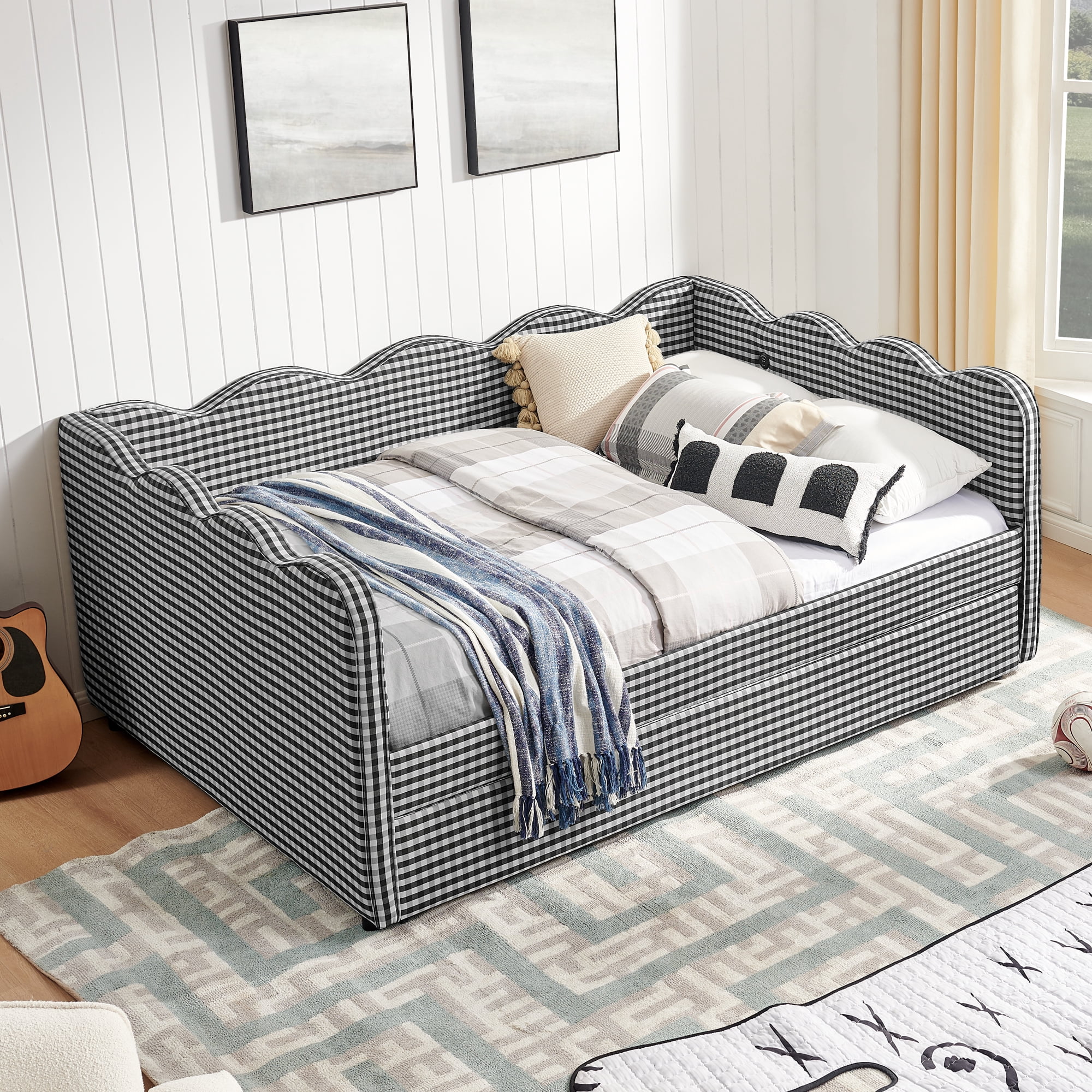 Full Size Daybed with Trundle and USB Port Upholstered Sofa Bed Gingham Linen Kids Guest Bed Frame, No Box Spring Needed, Black