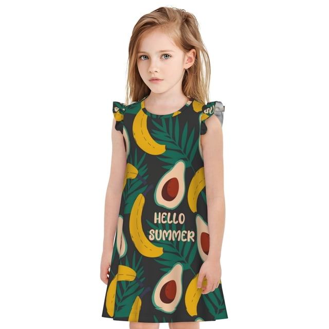 Fotbe Banana And Avocado Vestido de Dormir para Niñas de 3 a 10 Años, Mangas Cortas, Estilo Princesa, Pijama Camisón con Mangas Voladas-X-Large