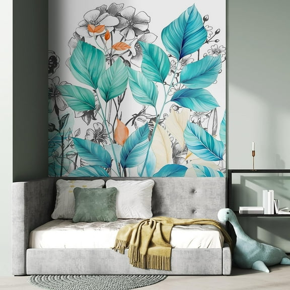 Idea4wall 2pcs Elegant Botanical Sketch Soft Teal Leaves Wall Murals, Removable Self-Adhesive Stick Wallpaper Large Wall Stickers for Home Decorative, 48"x108"
