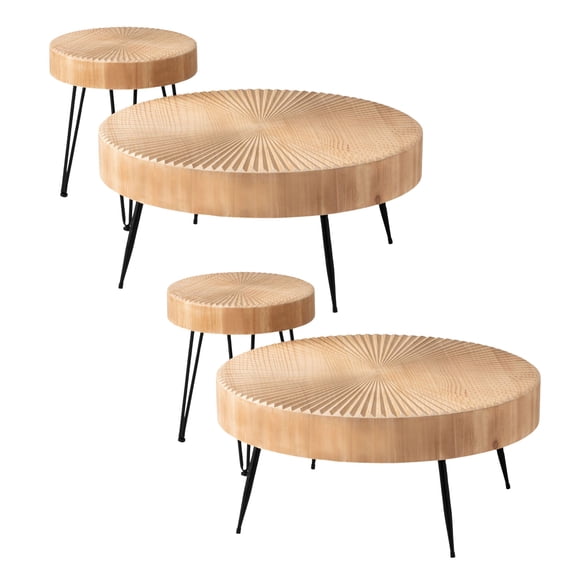 COZAYH 2 Piece Round Coffee Tables, Wooden Living Room Furniture, Radial Pattern, Set of 2