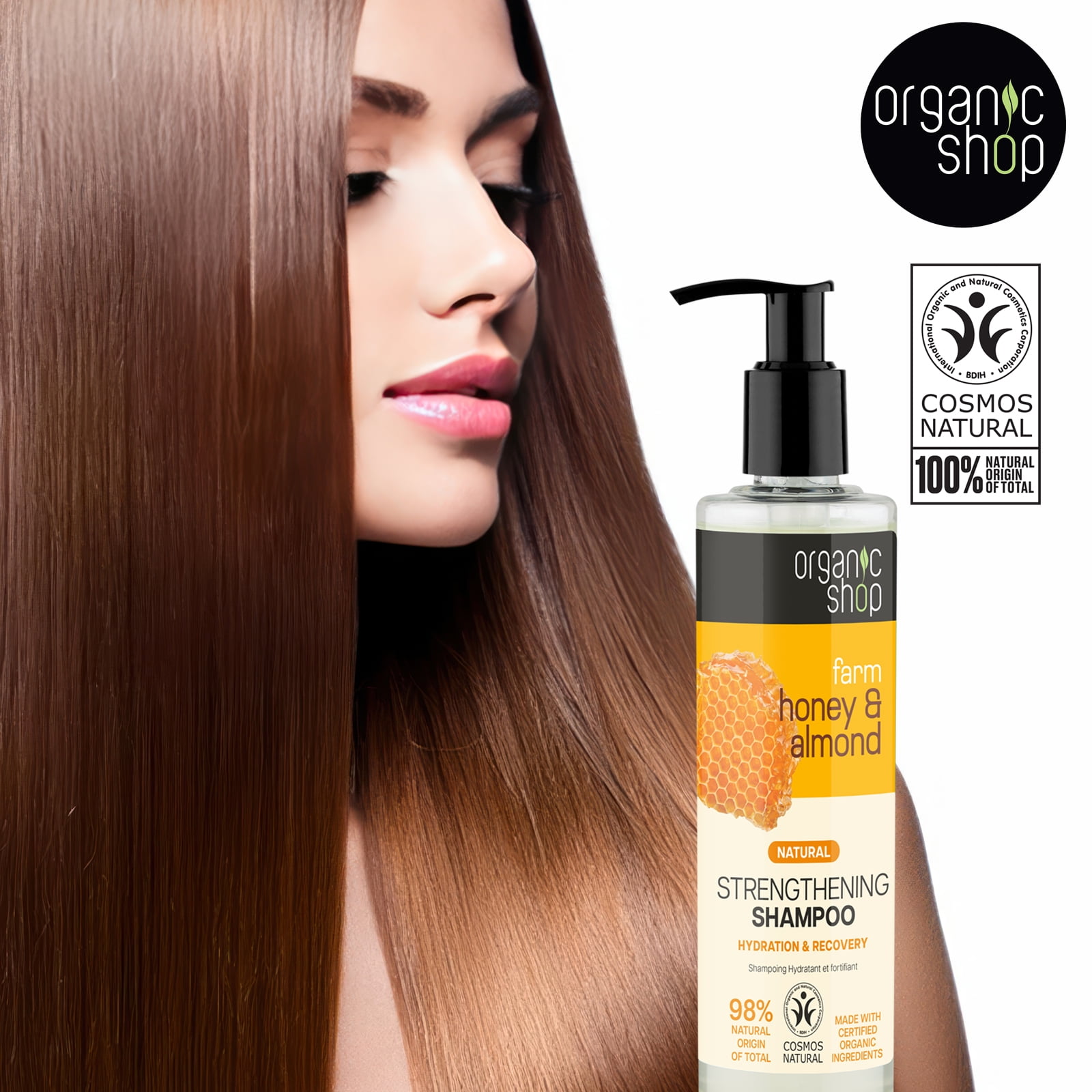 Organic Shop Raw Honey & Almond – High Strengthening Shampoo + Conditioner Deep Repairing - 100% Vegan & Organic, Rich In Vitamins & Minerals, Silky Hydration & Nourishing. 9.5 Fl Oz