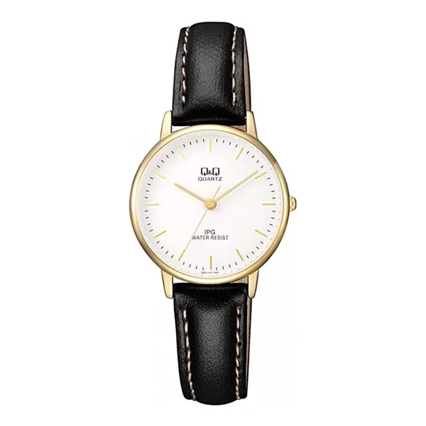 Reloj Q&q Dama Qz01j101y Piel Negro Caja Dorada Cara Blanca Color del bisel Dorado Color del fondo Blanco
