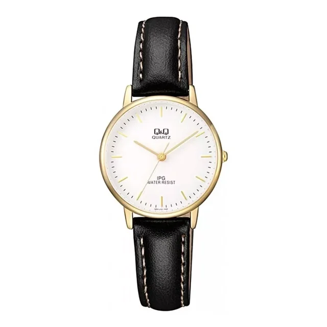 Reloj Q&q Dama Qz01j101y Piel Negro Caja Dorada Cara Blanca Color del bisel Dorado Color del fondo Blanco