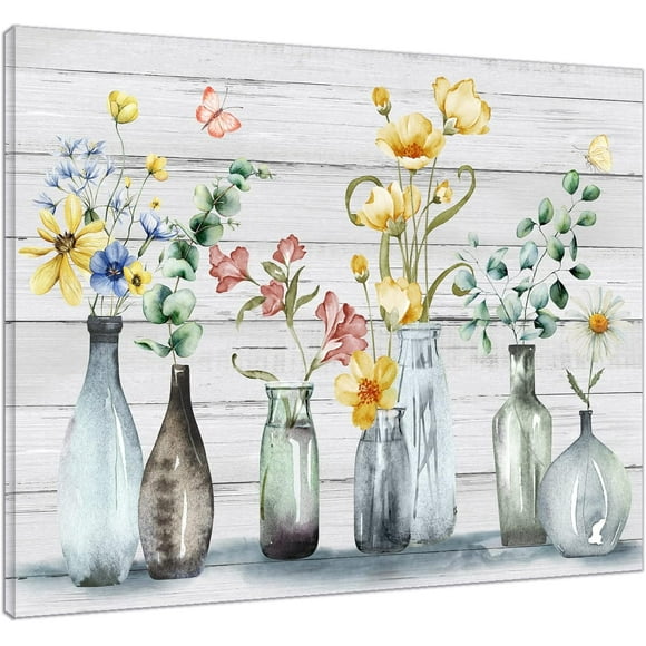 Country Floral Wall Art for Living Room, Blue and Yellow Flower with Green Botanical Canvas Wall Art, Retro Wood Boards Framed Wall Art for Bedroom Bathroom Wall Decor, 16X12 inch Ready to Hang