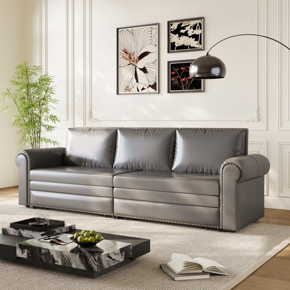 Chesterfield Sofa,93.7" King Pull Out Sofa Bed,3-in-1 Faux Leather Convertible Sleeper Sofa with Nailhead Trim & Rolled Arm,Multi-Functional Sofa Bed for Living Room,Bedroom, Grey
