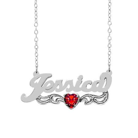 Personalized Sterling Silver or 14K Gold Over Sterling Silver Heart-Shaped Birthstone Nameplate Necklace with Beading and Rhodium on Tail with an 18 inch Link Chain