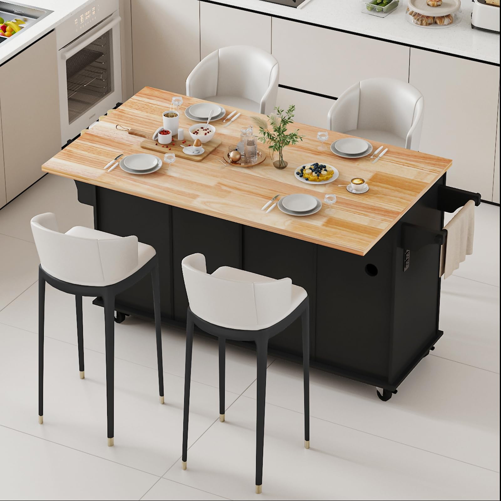 JassmiPkwy 67’’ Movable Kitchen Island with Drop Leaf Countertop, with Storage, 2 Drawers, Towel Rack, Black
