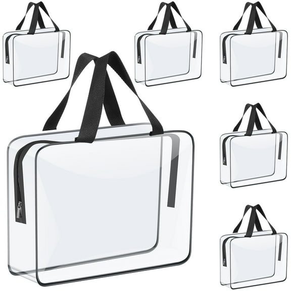 NUAHRHY 6 pack Large Clear Toiletry Cosmetic Makeup Bag with Zipper Handle Travel Tote Pouch PVC Plastic Toy Storage Organizer Bags Black