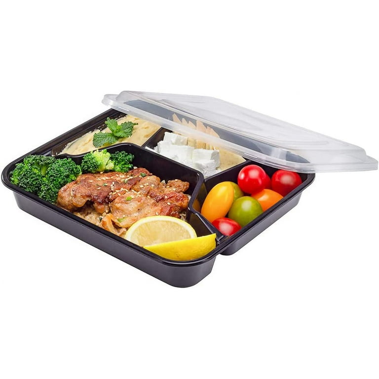 Asporto 53 oz Black Plastic 6 Compartment Food Container - with Clear Lid,  Microwavable - 9 3/4 x 8 1/4 x 1 3/4 - 100 count box