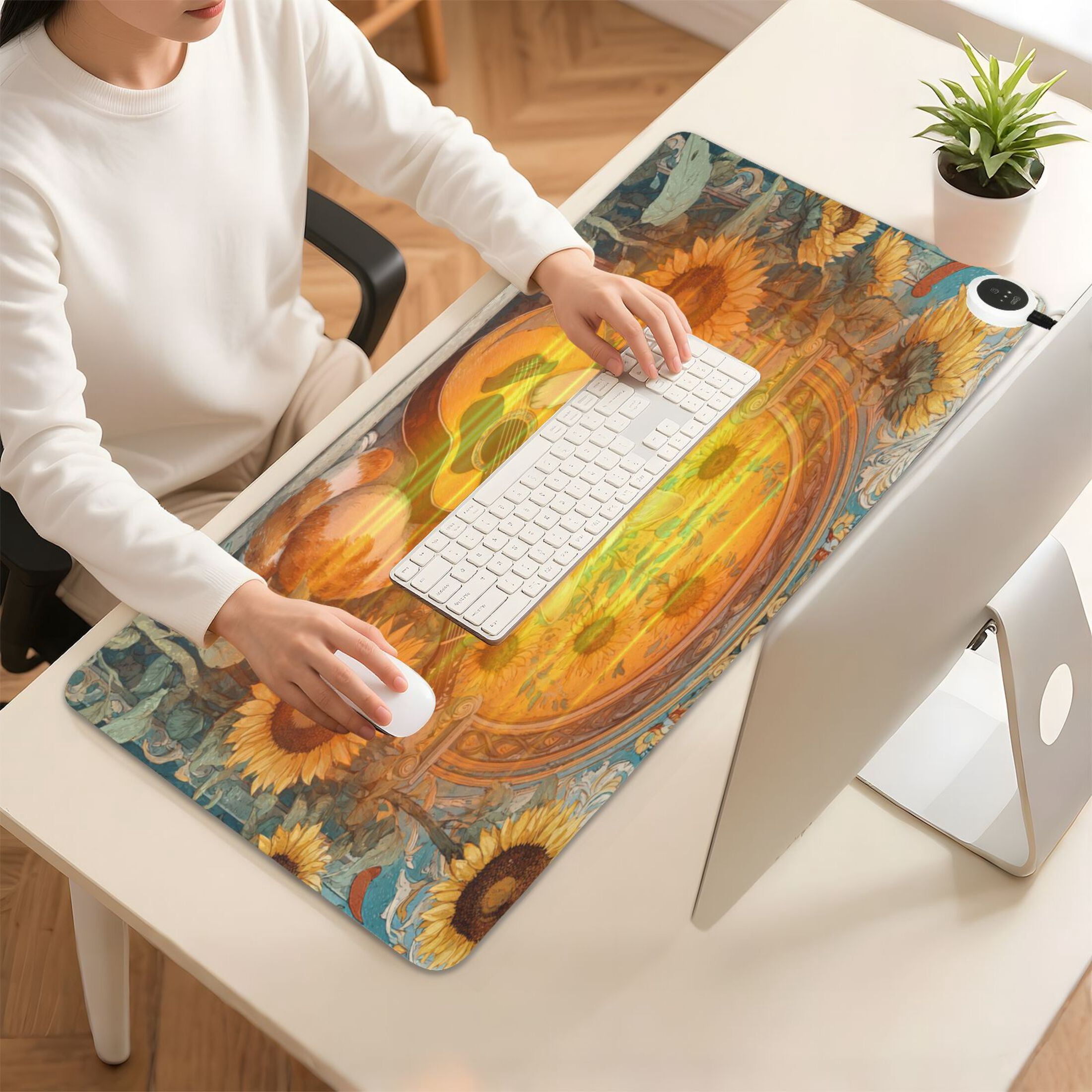 Large Heated Desk Mat Mouse Pad 31.5"x13"PU Leather Graphene Heating Desk Warmer with 3 Temperature Settings 110V US Plug Non-Slip Warm Pad for Home, Office, and Gaming Orange Cat Playing Guitar