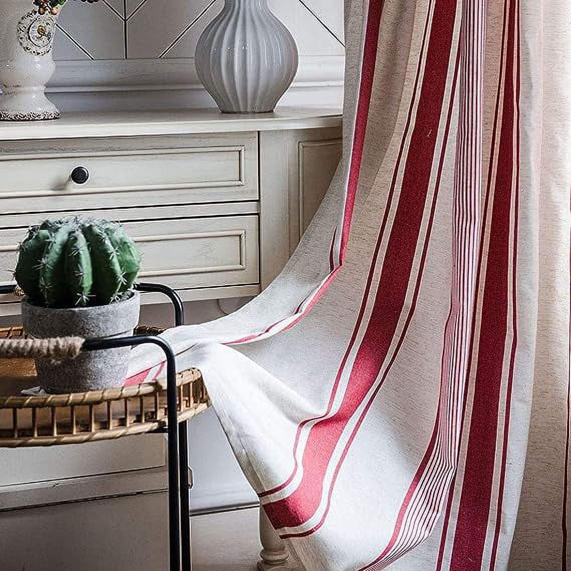 Namzi Cotton Linen Striped Window Curtain Farmhouse Country Style Room Darkening Rod Pocket Curtain Panel for Bedroom Living Room, 1 Piece (Red,59"x71")