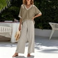thumbnail image 3 of Bosfbaoi Two Piece Sets for Women V Neck Short Sleeve Top and Striped Wide Leg Pants Casual Womens Summer Outfits, 3 of 7