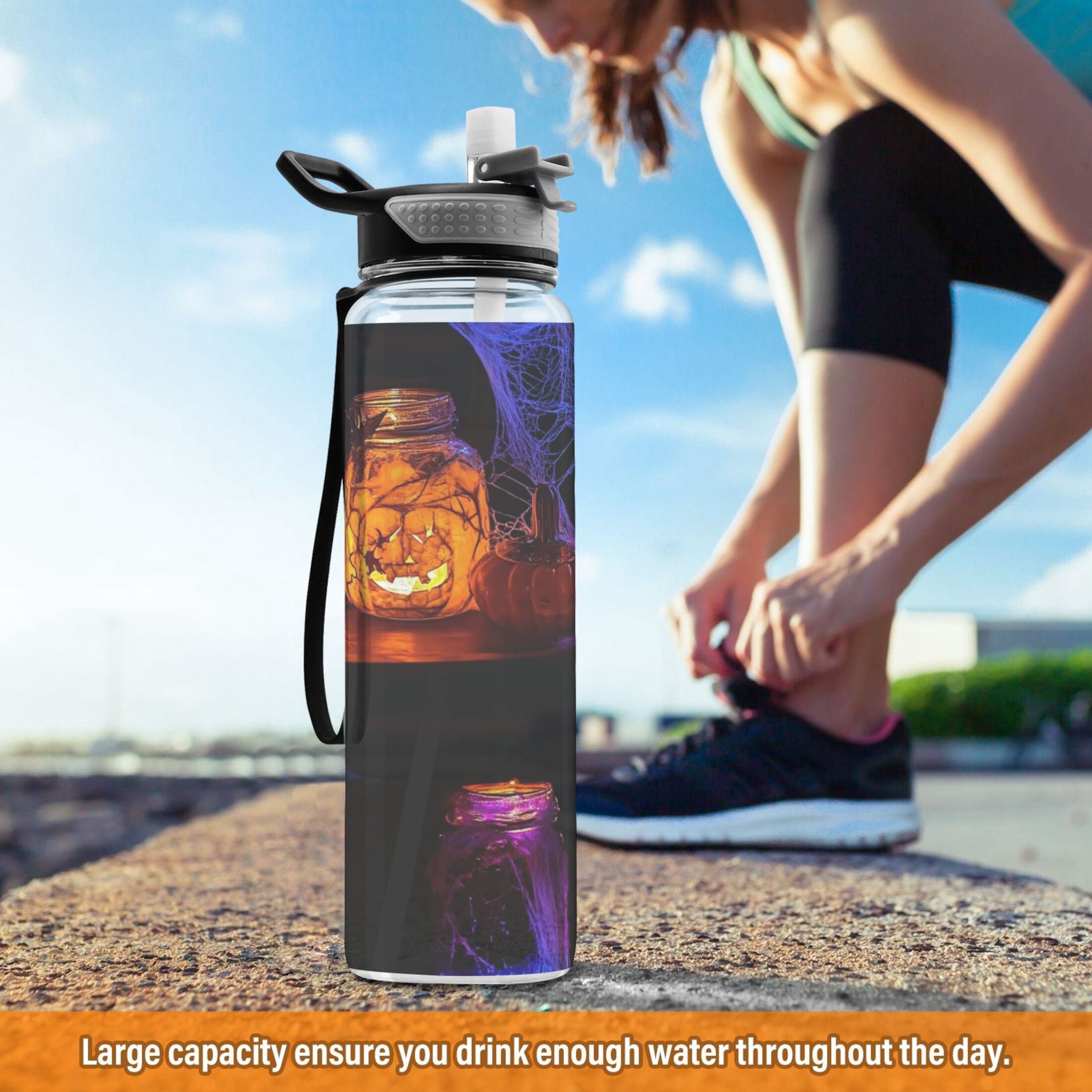 32oz Transparent Sports Water Bottle with Straw for Kids Adults Outdoor School Gym Fitness Glass Jars with Carved Faces