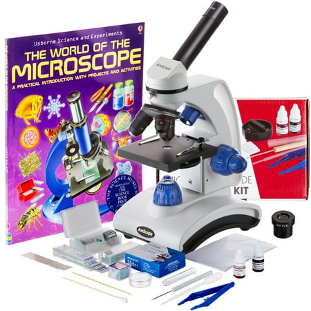 AmScope 40X-1000X Dual Light Glass Lens Metal Frame Student Microscope + Slides + Stain Kit + Book (Best Microscope For Students)