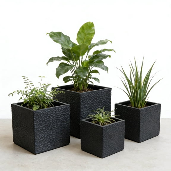 mdj pottery 4-Piece Square Magnesium Oxide Planters Set, 16.9 14.37 11.6 9.25 Inch Textured Plant Pots with Drainage Hole, MGO Planters Indoor for Flowers, Succulents and Indoor Greenery - Grey