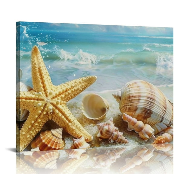 Fenyluxe Starfish Seashells Beach Canvas Wall Decor for Bathroom Art Print Ready To Hang Home Room Decor 16x12in