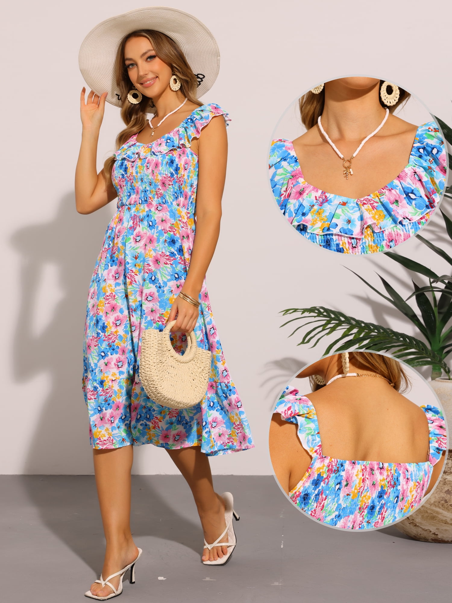 DARING DIVA Smocked Sleeveless Ruffle Neck Flowy Floral Midi Dress XS Blue Pink