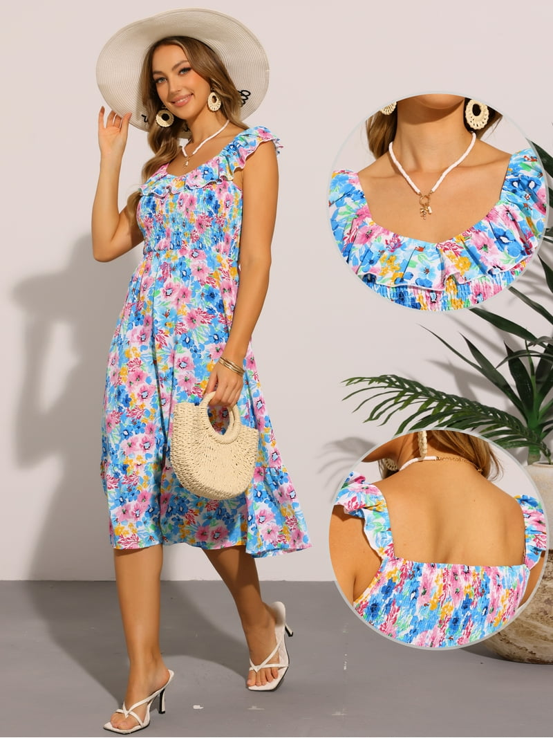 pink and blue midi dress Marilou Printed Midi Dress Long Sleeves Pink – Blue Boheme main image 0