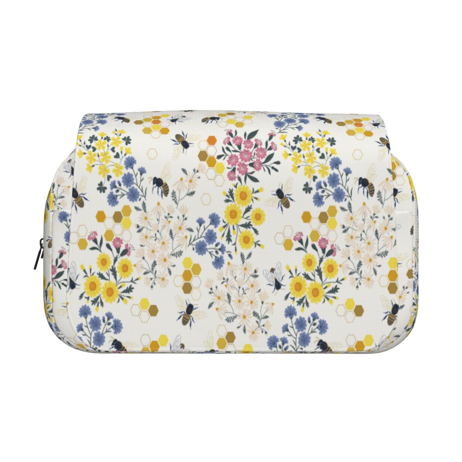 Rateoe Wildflower Honeybee Pattern Double Clamshell Pen Case, Storage Organizer with Two Zipper Compartments– Holds Up to 50 Pencils & Pens