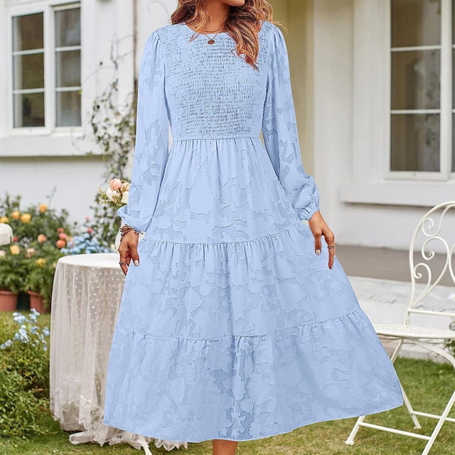 Vestido De Manga Larga Vestido ajustado para mujer Vestido largo tipo túnica con mangas abullonadas Vestido diario plisado con cuello redondo Cgtredaw Celeste Xl para Mujer