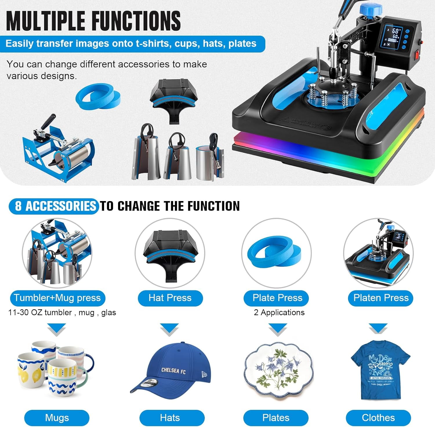 SHZOND Protable Heat Press 15x15 Inch, 8 in 1 Heat Press Machine with 30OZ Tumbler Press,Swing Away T Shirt Pressing Machine, Combo Tumbler Heat Press Machine Sublimation for T-Shirt Hat Mug Plate