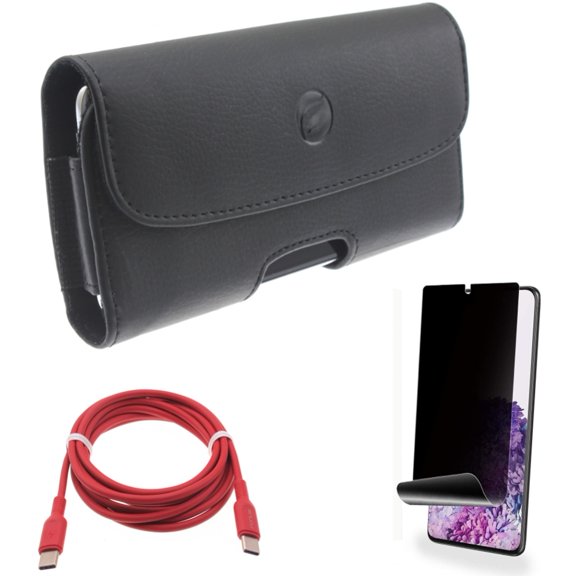 Privacy Screen Protector w Case Belt Clip w Red 6ft Long Cable for Samsung Galaxy S20 Plus - TPU Film [NOT GLASS] [Fingerprint Works], Leather Holster Cover, USB-C to Type-C PD fits Galaxy S20 Plus