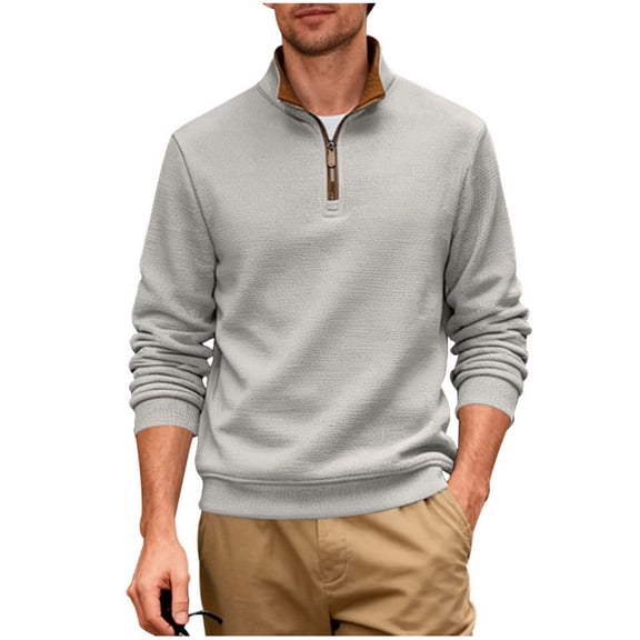IYTR Long Sleeve T-Shirts for Men Half Zipper Standing Collar Pullover Leisure Lightweight Solid Color Loose Fit Spring Clothes Shirt (Gray,XXXL)