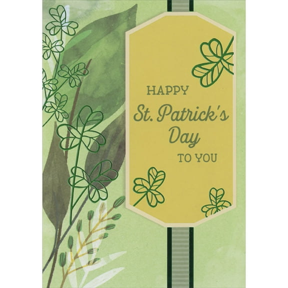 Designer Greetings Green Foil Line Art Shamrocks and Large Leaves St. Patrick's Day Card
