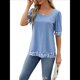 thumbnail image 2 of Camiseta de Verano para Mujer, Estilo Casual, de Corta y Cuello Cuadrado, Holgada, con Estampado de Vaca y Bloques de Color. Azul XL, 2 of 9