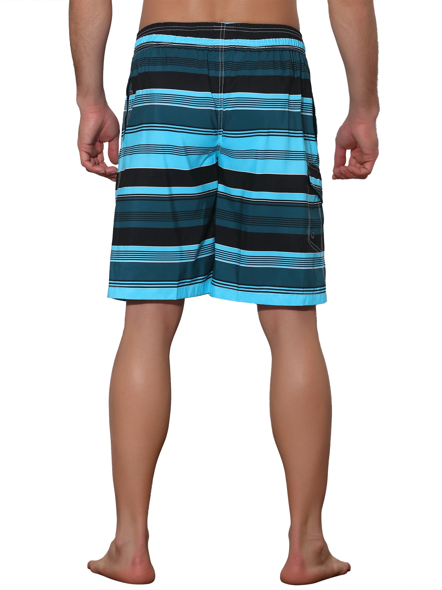 Unique Bargains Men's Drawstring Stripes Printed Color Block Beach Pool Board Shorts 32 Blue