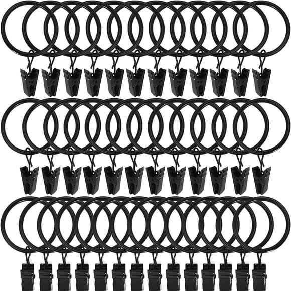 Anillos para cortinas con clips WeeksEight, paquete de 40, negros