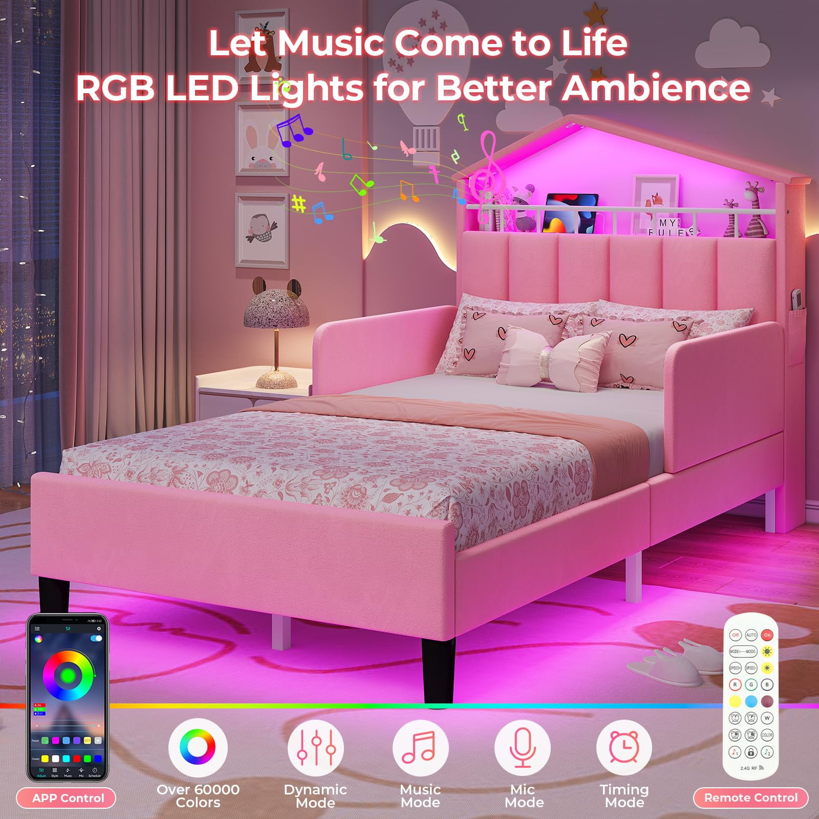Twin Size Bed Frame with LED Lights,House-Shaped Headboard with Charging Station & Hidden Storage,Velvet Upholstered Platform Bed Twin,Girls Princess Bed with Safety Guardrail,Pink