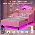 thumbnail image 4 of Twin Size Bed Frame with LED Lights,House-Shaped Headboard with Charging Station & Hidden Storage,Velvet Upholstered Platform Bed Twin,Girls Princess Bed with Safety Guardrail,Pink, 4 of 8