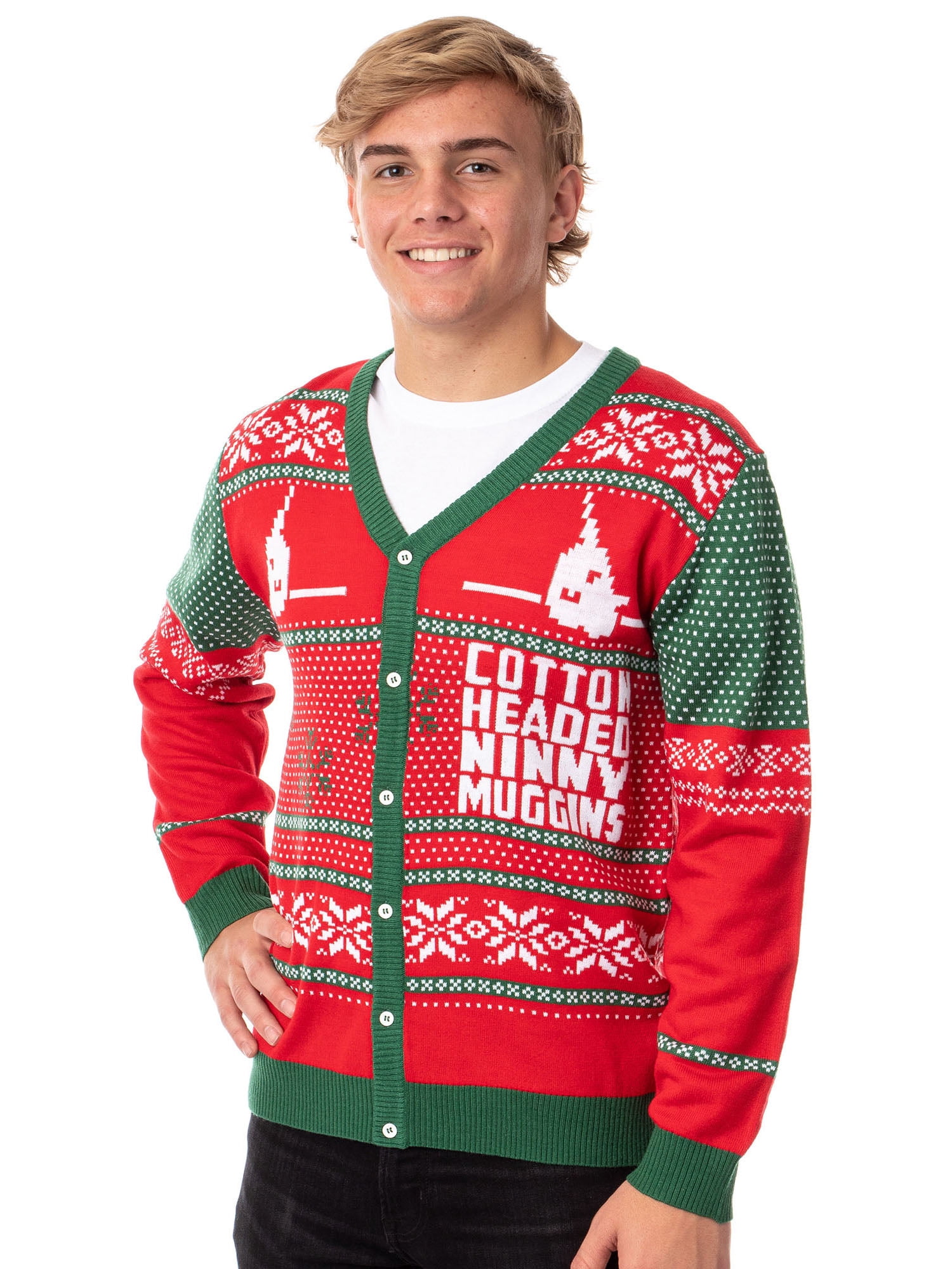 ELF The Movie Men's Cotton Headed Ninny Muggins Button-Down Ugly Christmas Sweater