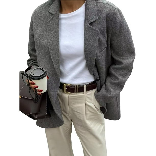 Blazer para Mujer, Informal, de Negocios, de Larga, con Solapa y Abertura Frontal, para Trabajo y con Bolsillos. Gris S