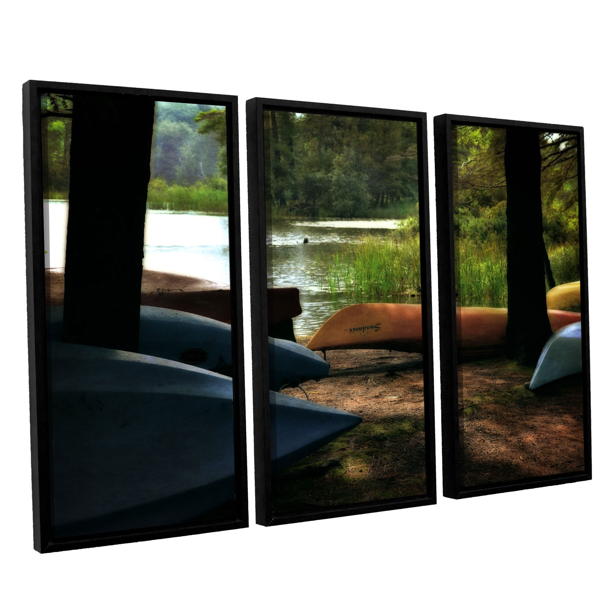 ArtWall Kevin Calkins "Kayaks at Rest" 3-Piece Floater Framed Canvas Set