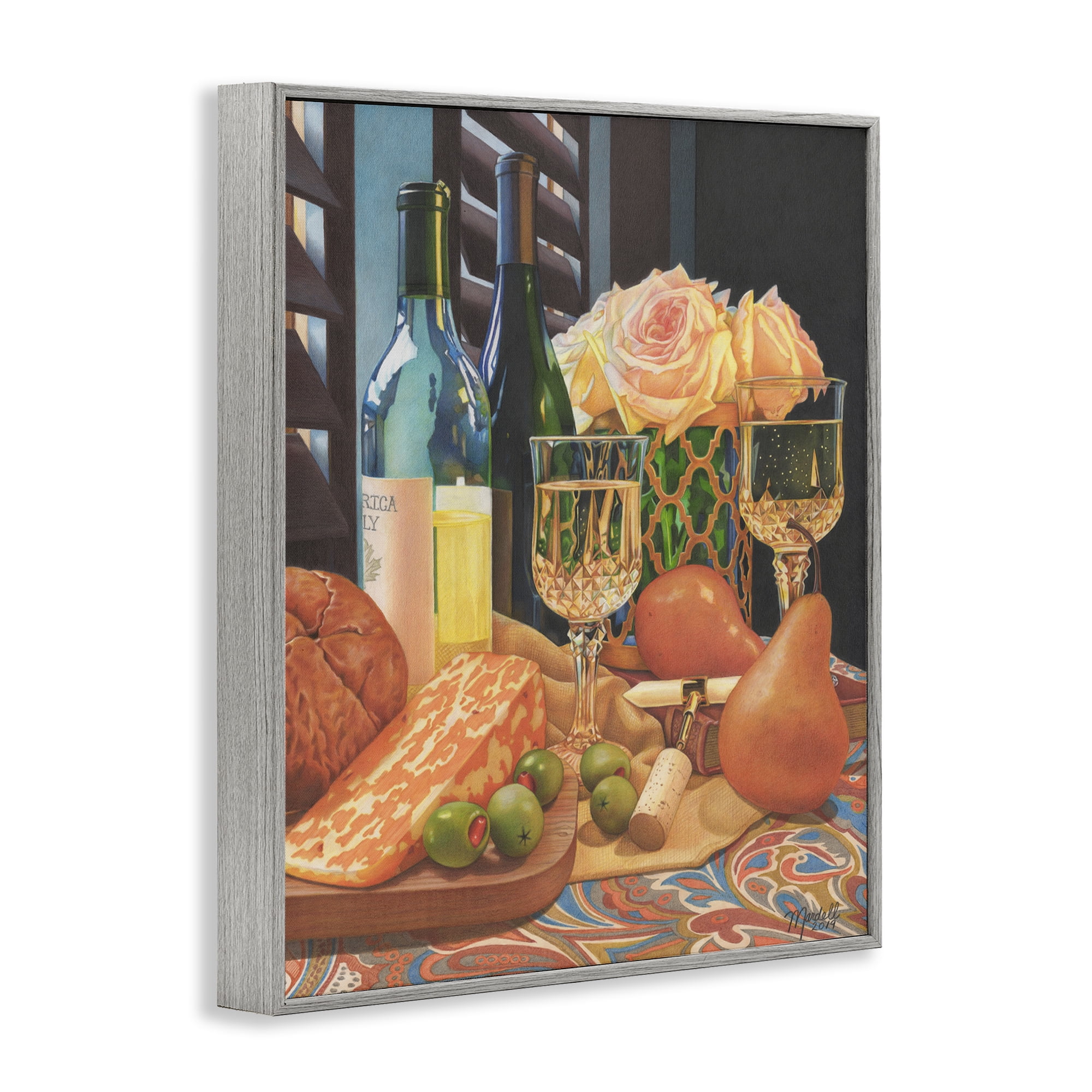 Stupell Industries Romantic Wine & Cheese Food & Beverage Painting Gray Framed Art Print Wall Art, 24 x 30