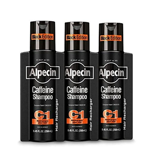 Alpecin Caffeine Shampoo C1 Black Edition, Men's Natural Hair Growth Shampoo for Thinning Hair with Niacin, Menthol, and Castor Oil, 8.45 fl. oz., Pack of 3