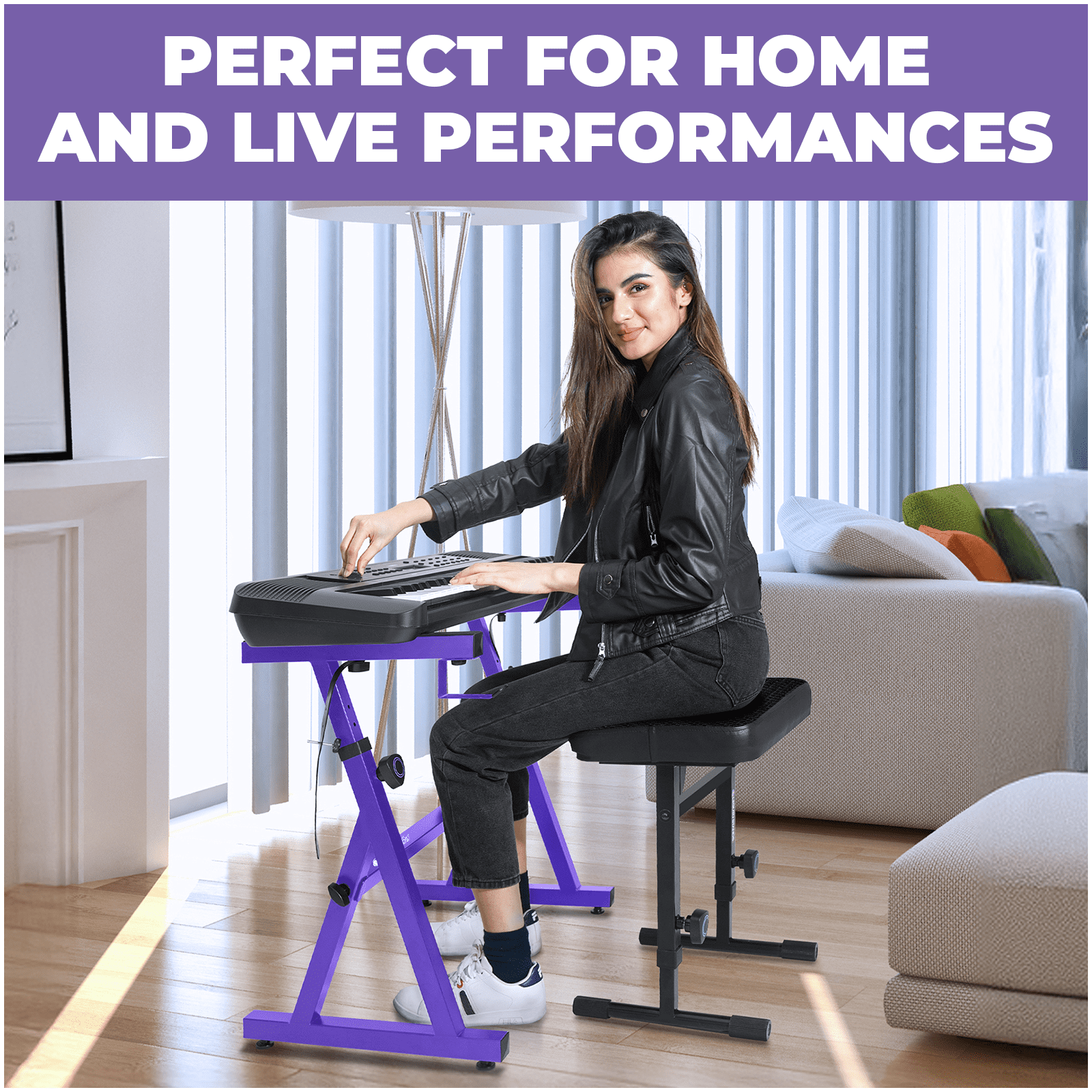 Liquid Stands Purple Piano Keyboard Music Stand and Adjustable Piano Bench, Chair, Stool Set - Fits 54-88 Key Electric Pianos