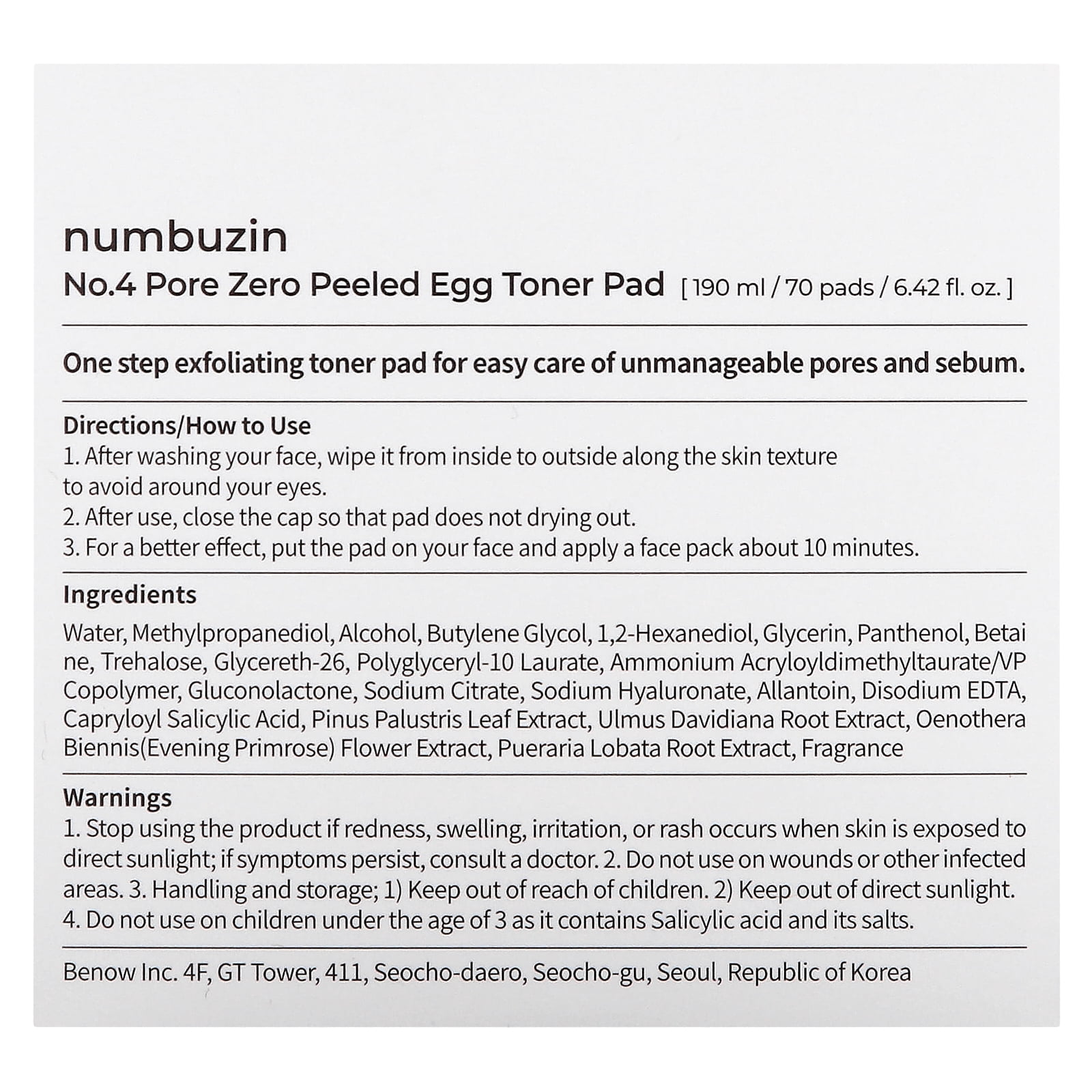 Numbuzin No.4 Pore Zero Peeled Egg Toner Pad, 70 Pads, 6.42 fl oz (190 ml)