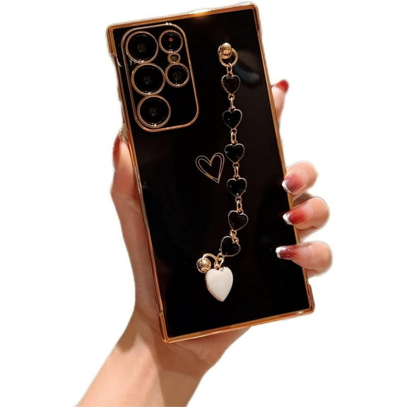 Heart Bracelet Soft Silicone Phone Case for Samsung Galaxy S22 S21 S20 Ultra Plus FE A53 A52 A13 A12 5G, Precision Hole Wrist Strap Back Cover(Black,S21)