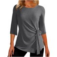 thumbnail image 2 of Chandails en Molleton Pulls Décontractés Confortables Tenues de Mode Automne Vêtements 2023 Femmes Hauts Automne Manches 3/4 Col Rond Coupe Ample Chemises Ceinturées Blouses Couleur Unie, 2 of 6