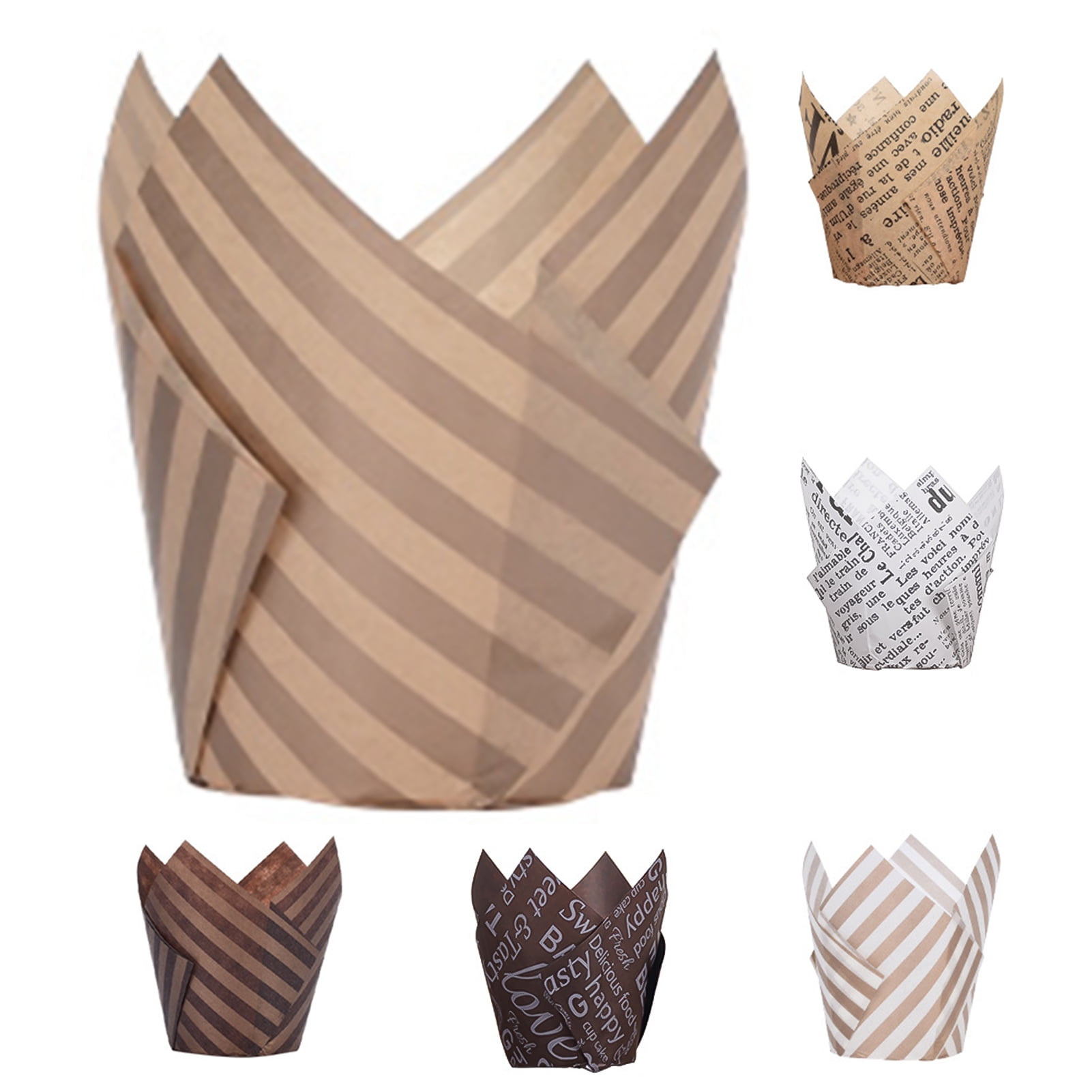 SPRING PARK 100Pcs Baking Paper Cups Cupcake Liners Brown White Tulip