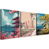 Wildflower Mountain Landscape Wall Art Set of 3, Colorful Floral Wall Decor, Boho Sunset Landscape Canvas Artwork, Earth Tone Botanical Poster Prints for Living Room Bedroom