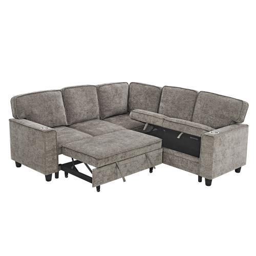 MOONMISS L-Shaped Sofa with Pull Out Sofa Bed, Sleeper Sofa Couch Bed with Storage Seat, 5 Seat Sectional Sofa Bed with USB, Sectional Sofa Couch for Living Room, Apartment,Light Brown