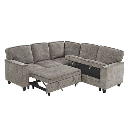 MOONMISS L-Shaped Sofa with Pull Out Sofa Bed, Sleeper Sofa Couch Bed with Storage Seat, 5 Seat Sectional Sofa Bed with USB, Sectional Sofa Couch for Living Room, Apartment,Light Brown