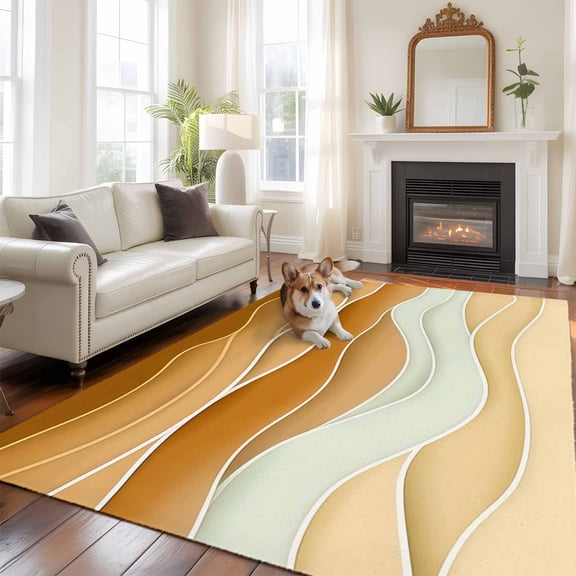 6'x9' Area Rugs, Yellow Brown Indoor Outdoor Area Rug for Living Room Bedroom, Gradient Wave Stripes Modern Geometric Washable Bathroom Rugs Kitchen Floor Carpet Mats Home Decor Aesthetic