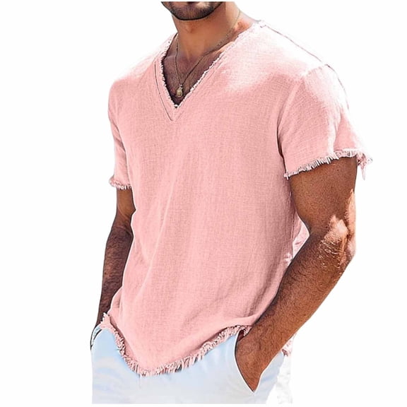 ZCFZJW Mens Fashion Cotton Linen Tops Casual Frayed Rage Summer Short Sleeve V Neck Basic Solid Color Athletic T-Shirts Loose Regular Fit Street Tees Tops Pink XXL