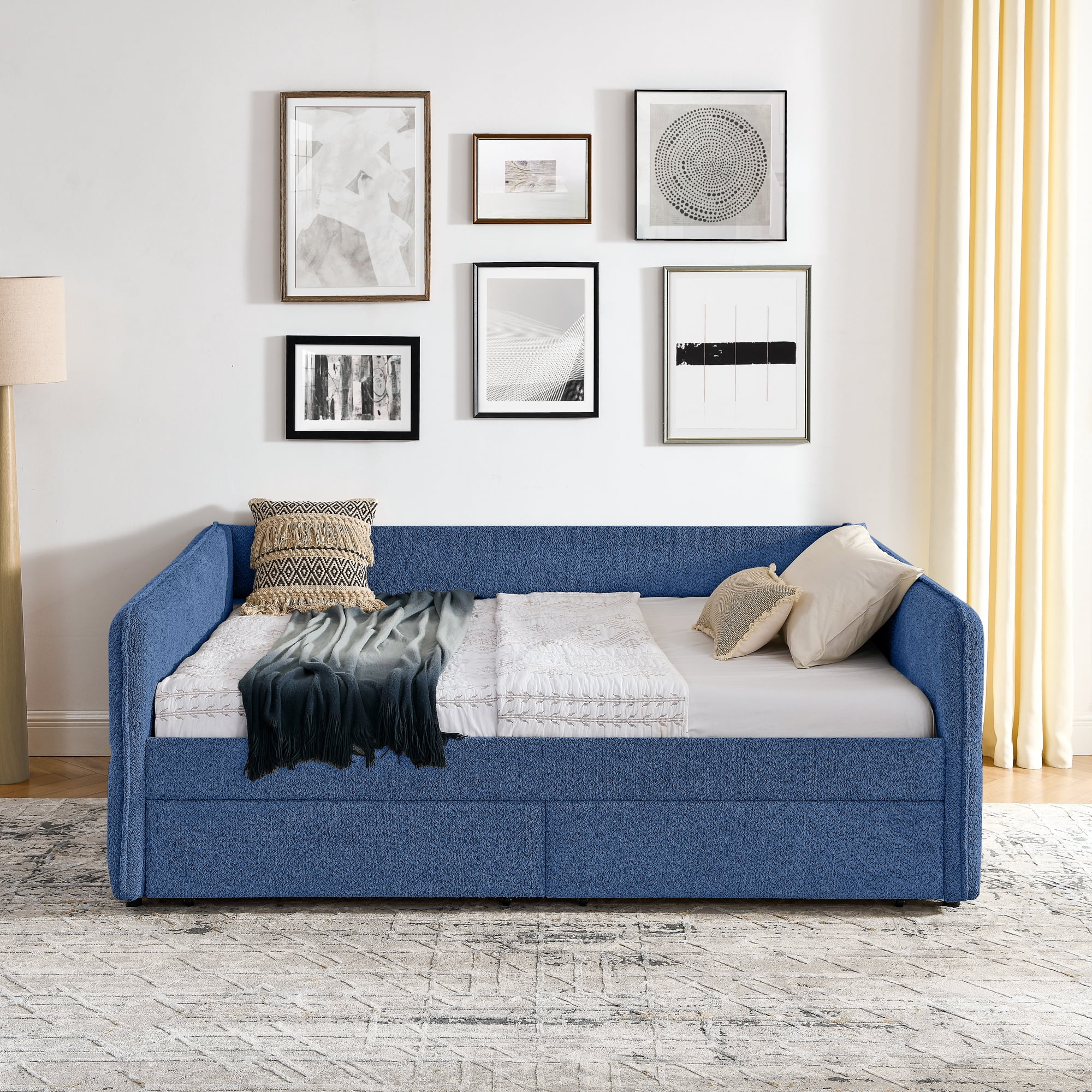 Mintazer Queen Upholstered Daybed with 2 Storage Drawers, Modern Sofa Bed for Living Room & Bedroom, Blue